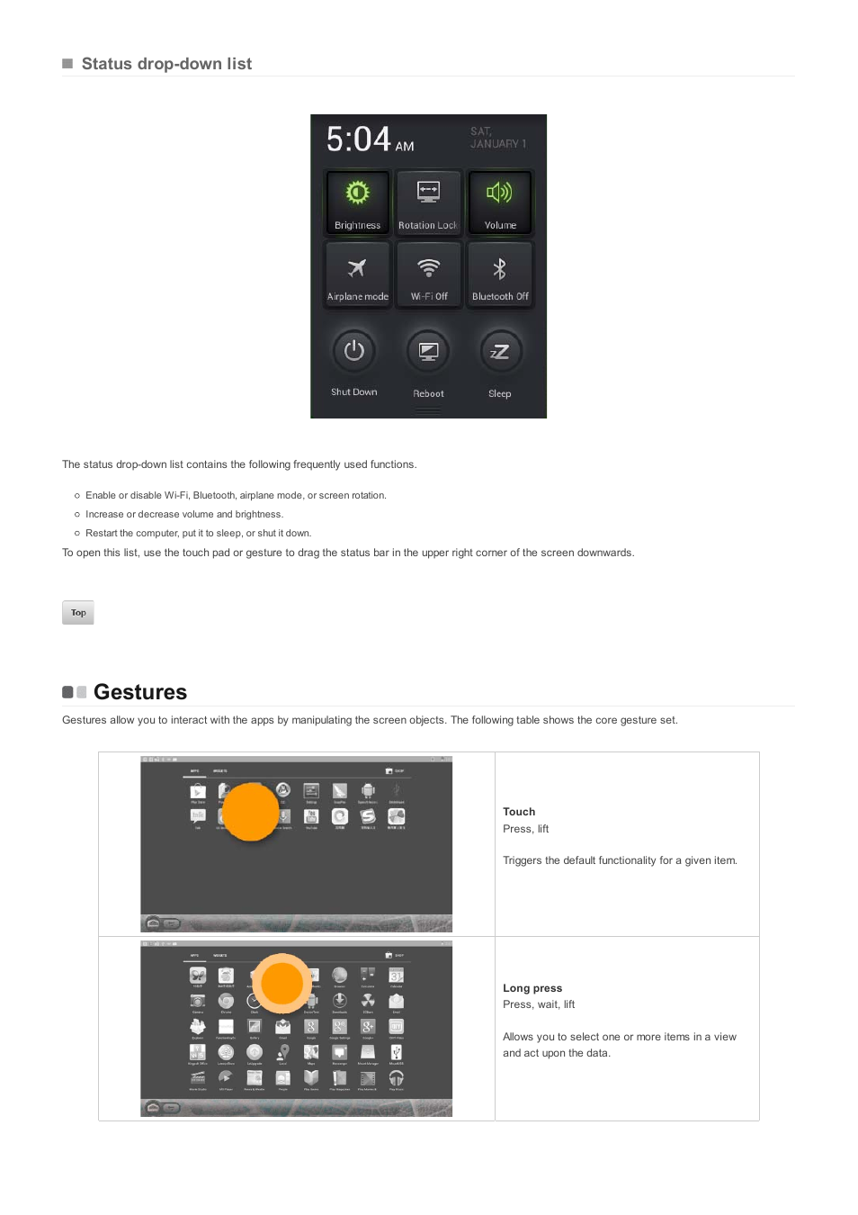 Gestures, Status drop-down list | Lenovo A10 Lenovo User Manual | Page 10 / 14