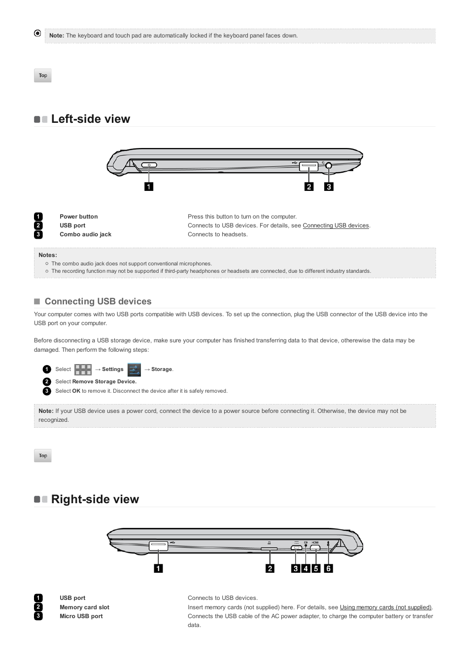 Left-side view, Right-side view, Connecting usb devices | Lenovo A10 Lenovo User Manual | Page 6 / 14