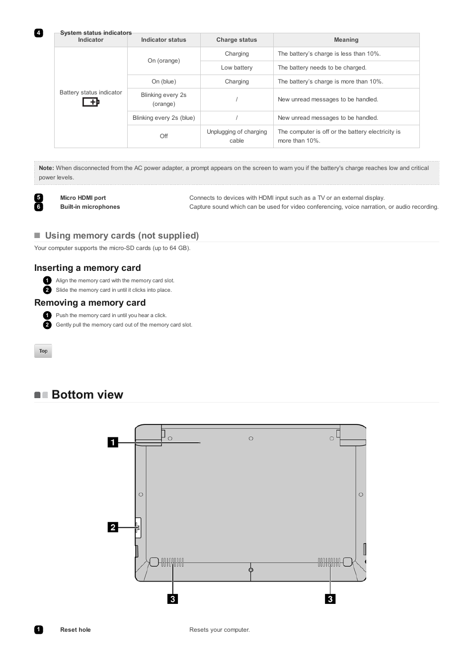 Bottom view | Lenovo A10 Lenovo User Manual | Page 7 / 14