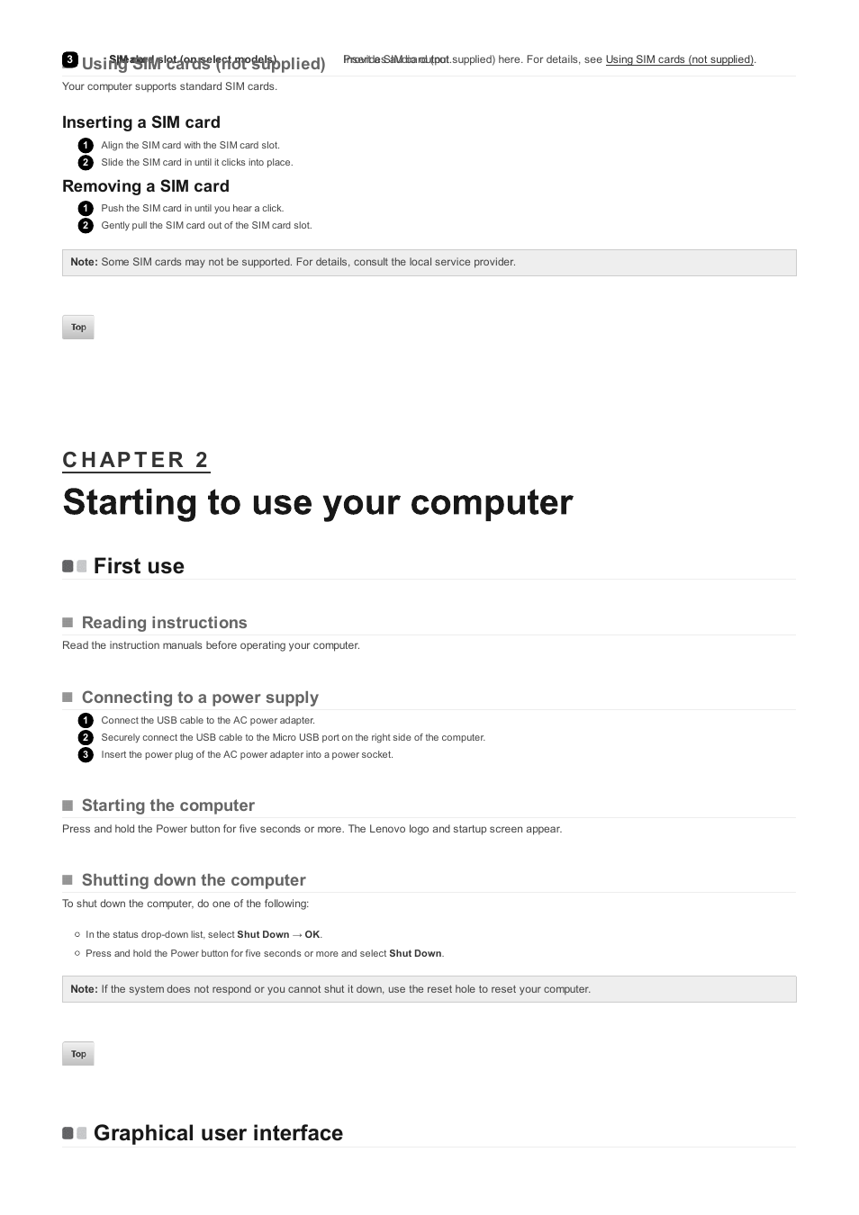 First use, Graphical user interface, Using sim cards (not supplied) | Inserting a sim card, Removing a sim card, Reading instructions, Connecting to a power supply, Starting the computer, Shutting down the computer | Lenovo A10 Lenovo User Manual | Page 8 / 14