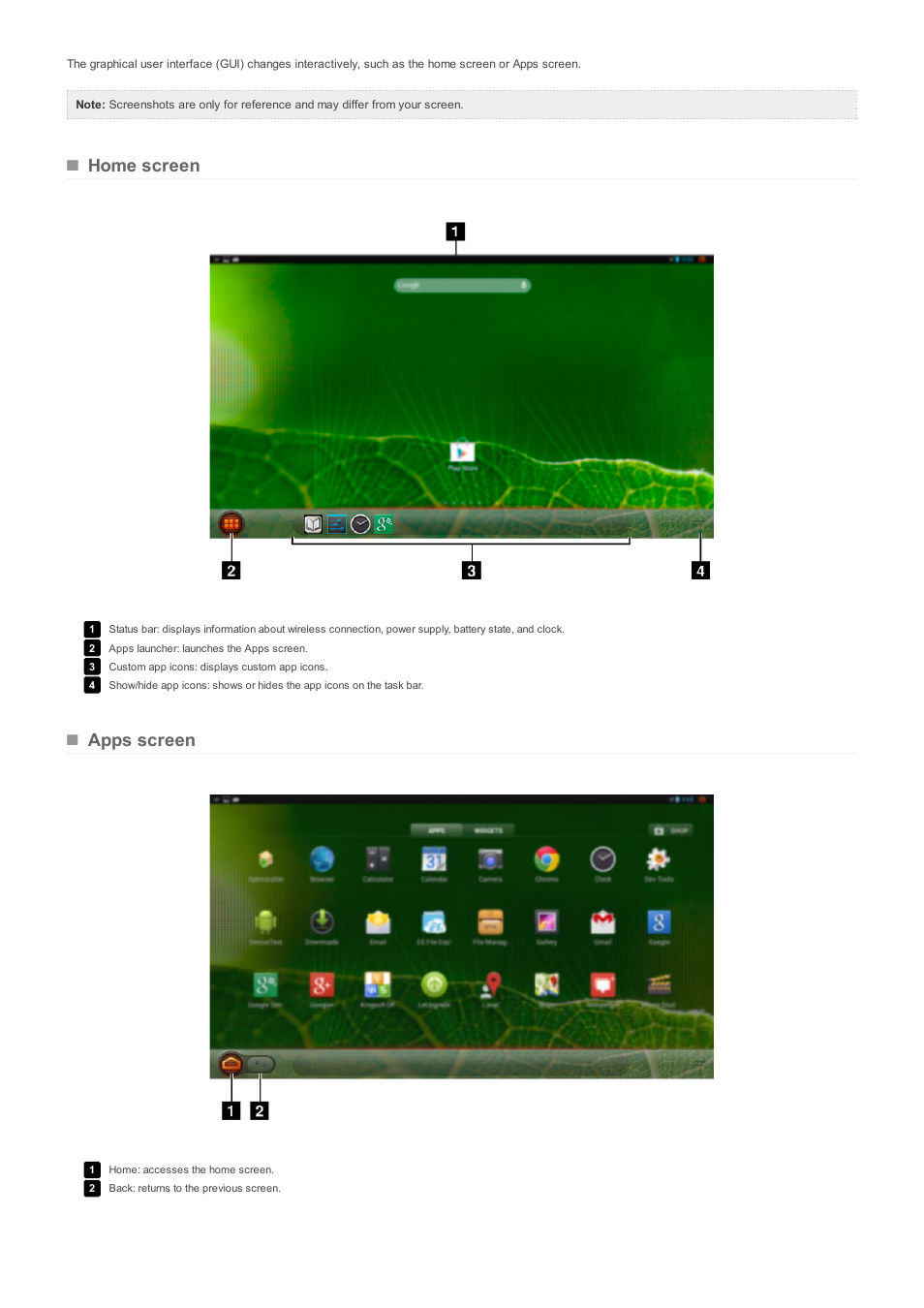 Home screen, Apps screen | Lenovo A10 Lenovo User Manual | Page 9 / 14