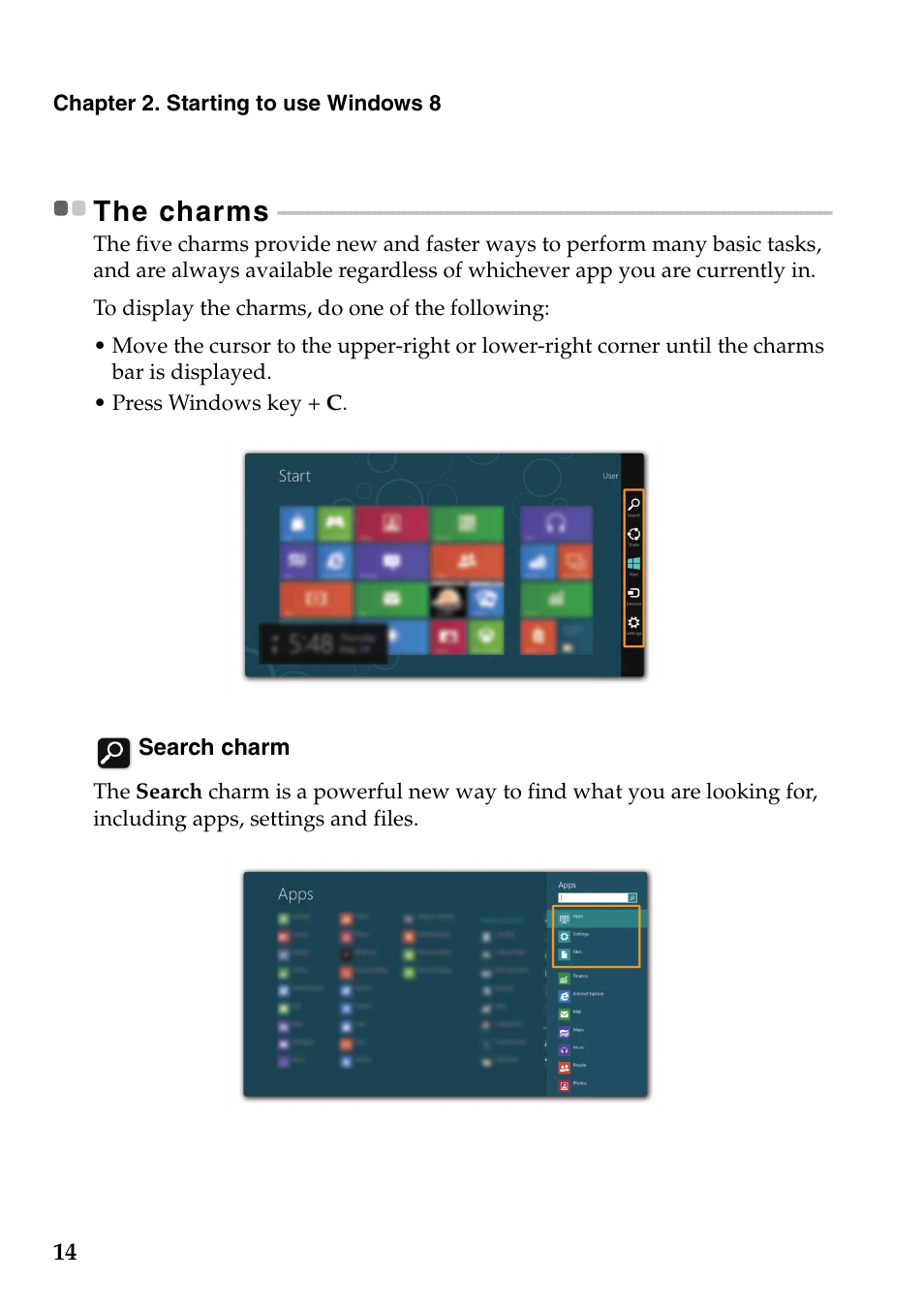 The charms | Lenovo IdeaPad U510 Notebook User Manual | Page 18 / 36