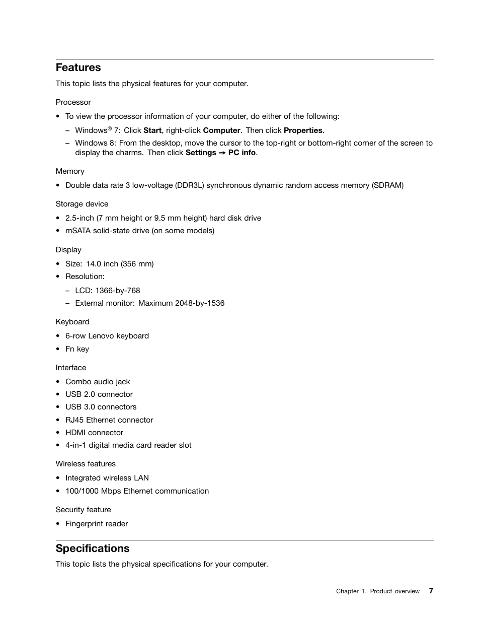 Features, Specifications | Lenovo M490s notebook User Manual | Page 21 / 78