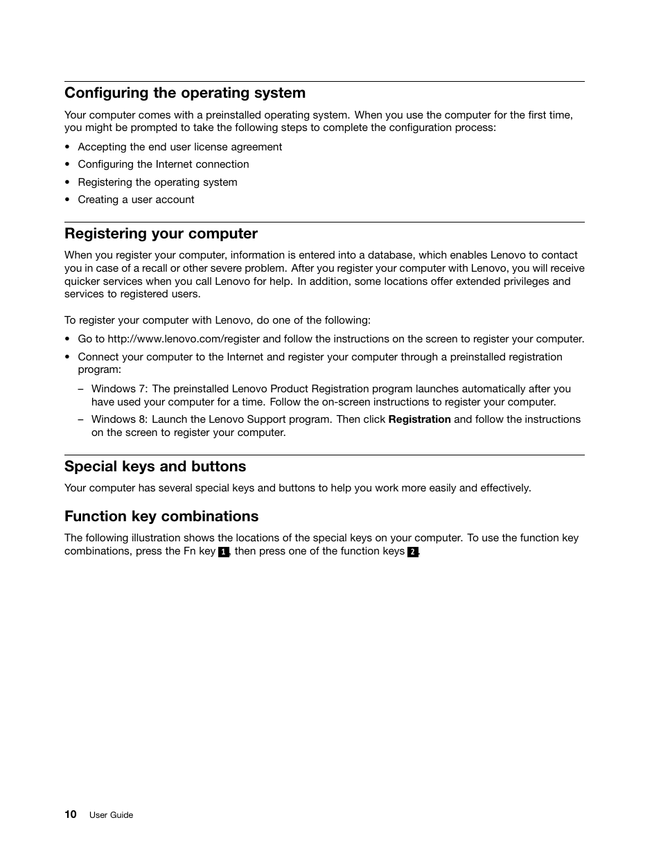 Configuring the operating system, Registering your computer, Special keys and buttons | Function key combinations | Lenovo M490s notebook User Manual | Page 24 / 78