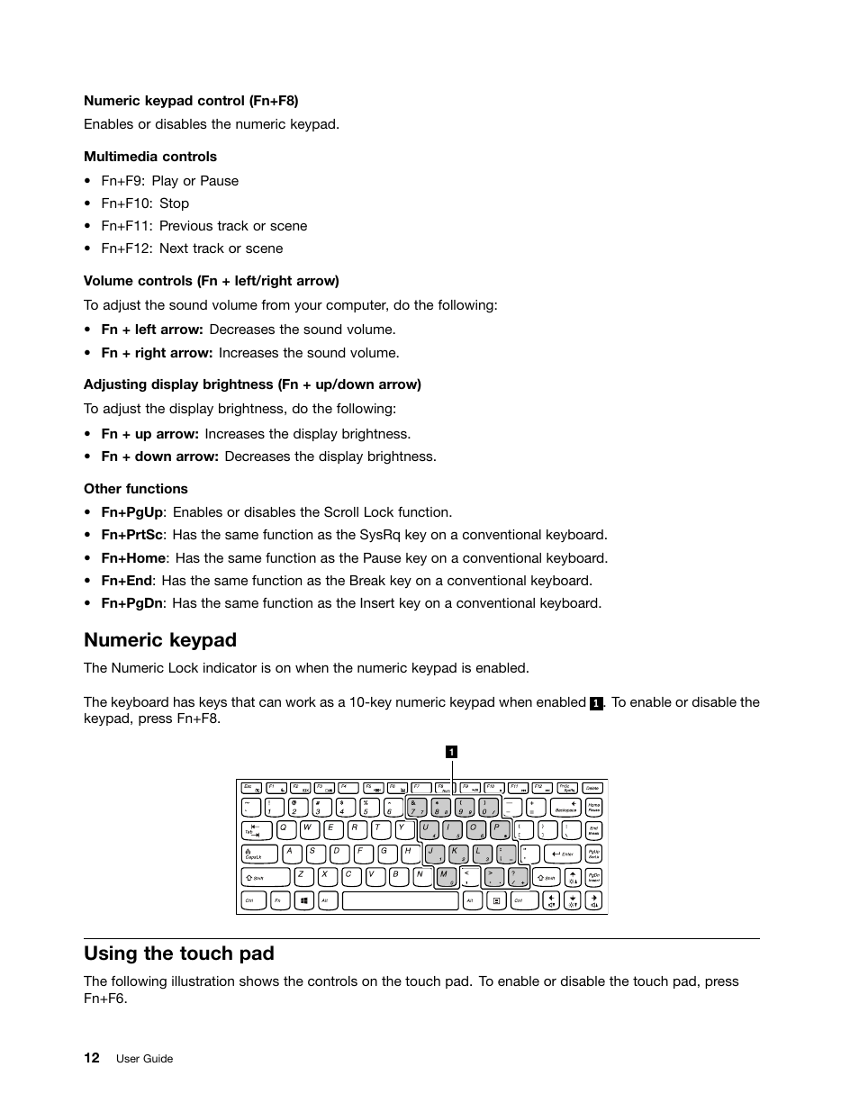 Numeric keypad, Using the touch pad | Lenovo M490s notebook User Manual | Page 26 / 78