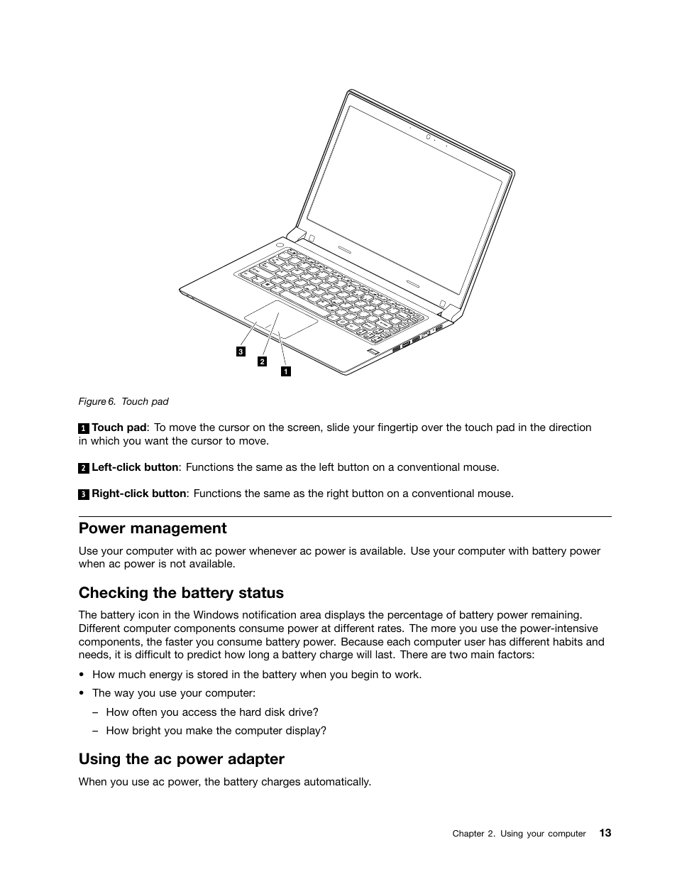 Power management, Checking the battery status, Using the ac power adapter | Lenovo M490s notebook User Manual | Page 27 / 78