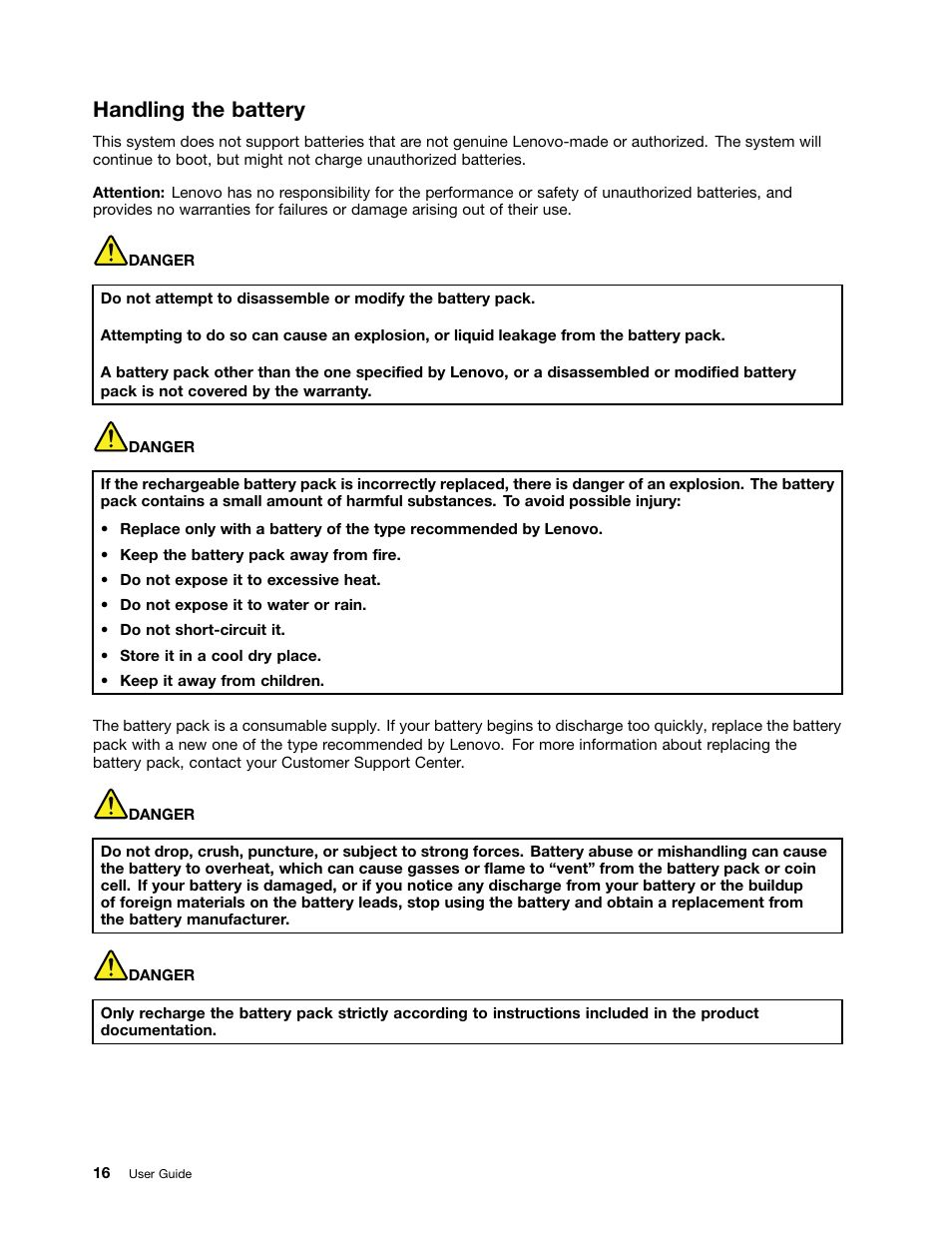 Handling the battery | Lenovo M490s notebook User Manual | Page 30 / 78