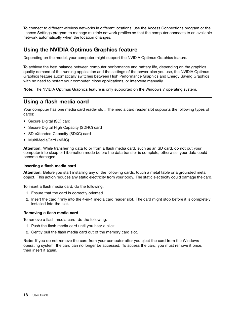 Using the nvidia optimus graphics feature, Using a flash media card | Lenovo M490s notebook User Manual | Page 32 / 78