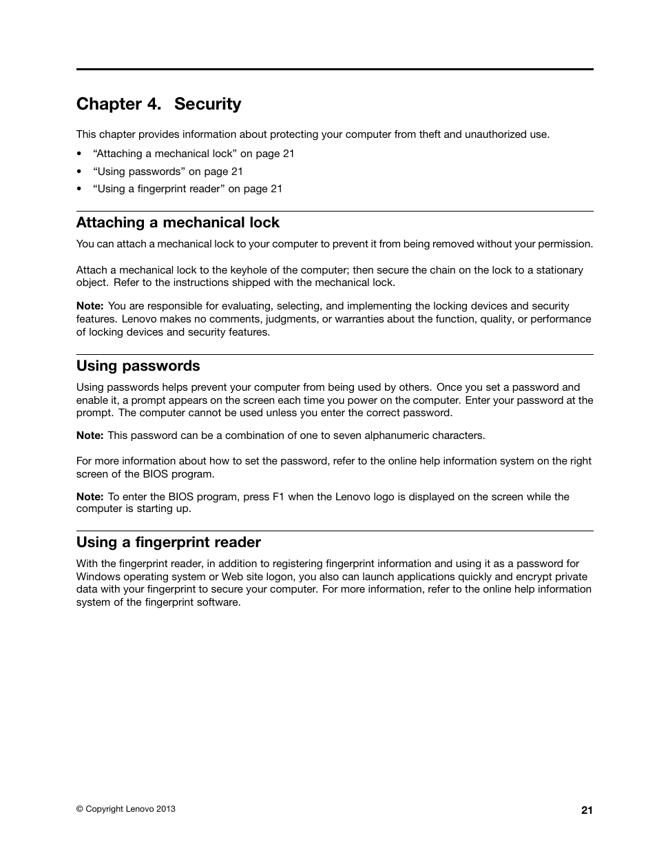 Chapter 4. security, Attaching a mechanical lock, Using passwords | Using a fingerprint reader | Lenovo M490s notebook User Manual | Page 35 / 78