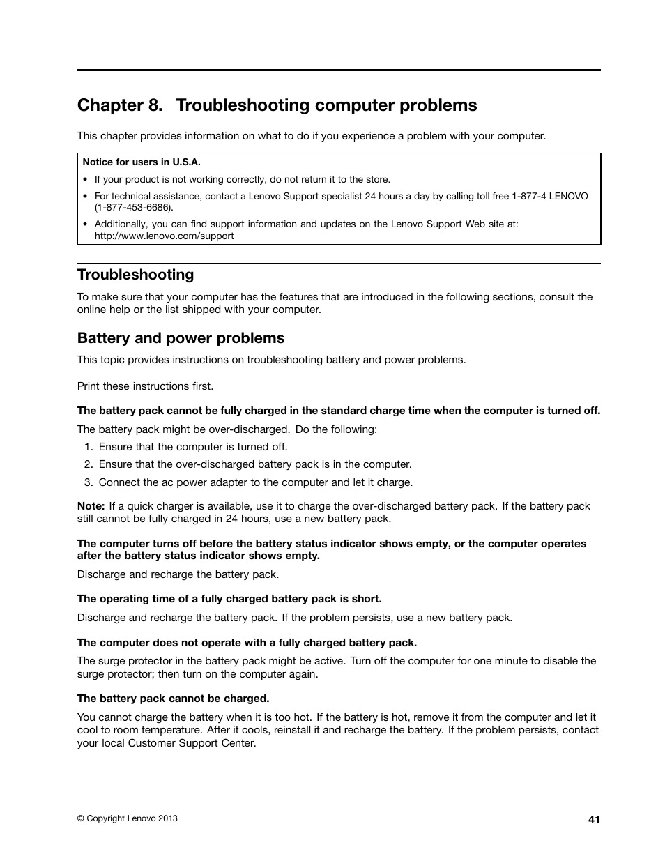 Chapter 8. troubleshooting computer problems, Troubleshooting, Battery and power problems | Lenovo M490s notebook User Manual | Page 55 / 78