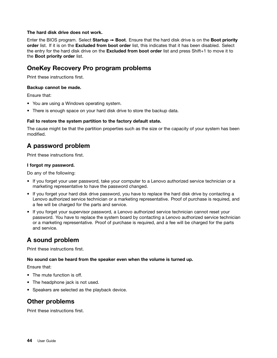 Onekey recovery pro program problems, A password problem, A sound problem | Other problems | Lenovo M490s notebook User Manual | Page 58 / 78