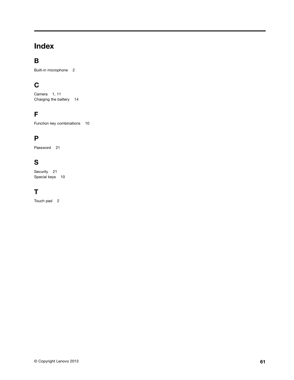 Index | Lenovo M490s notebook User Manual | Page 75 / 78