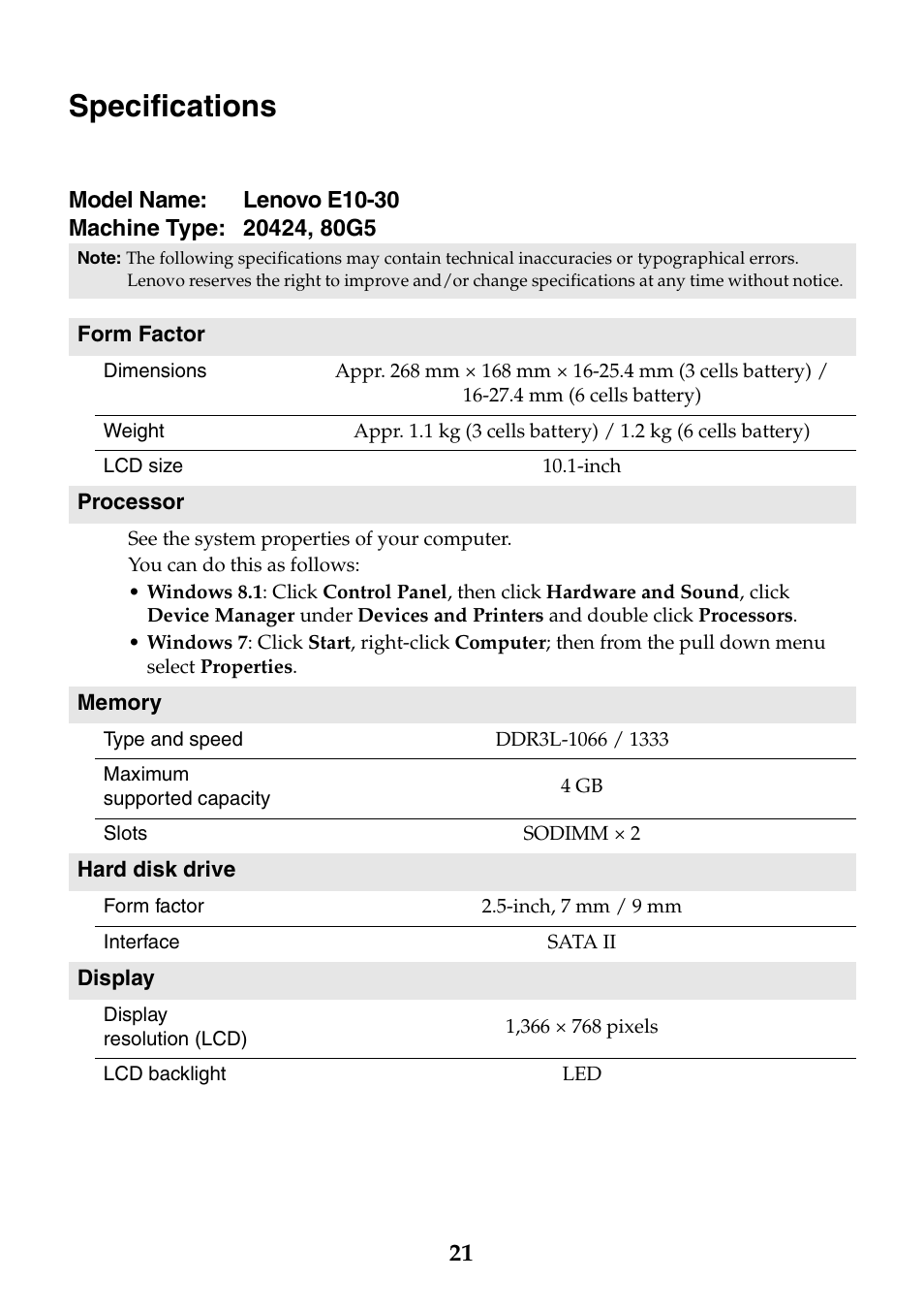 Specifications | Lenovo E10-30 User Manual | Page 21 / 24
