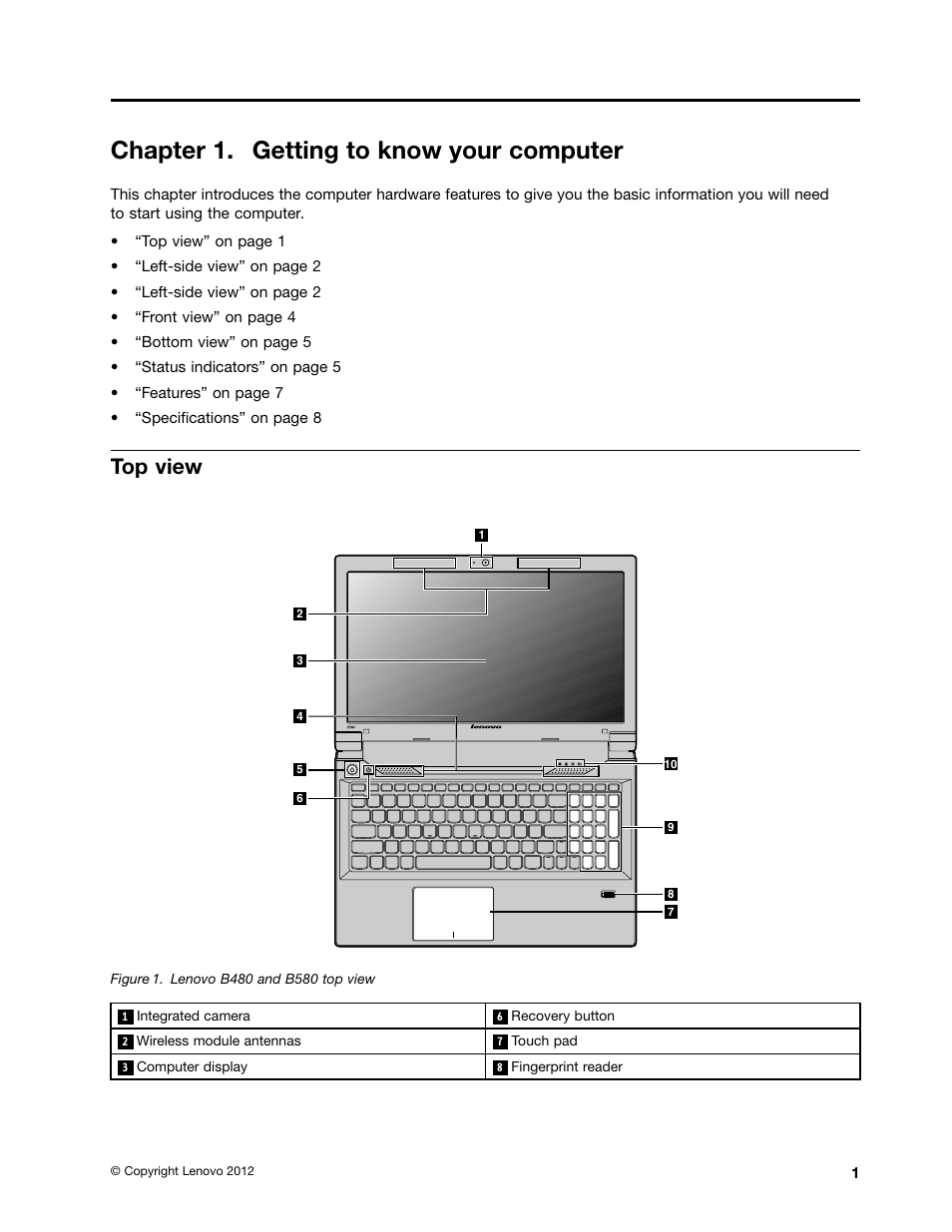 Chapter 1. getting to know your computer, Top view | Lenovo B480 Notebook User Manual | Page 15 / 88