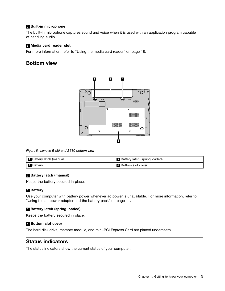 Bottom view, Status indicators | Lenovo B480 Notebook User Manual | Page 19 / 88