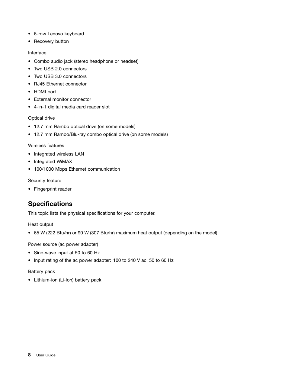 Specifications | Lenovo B480 Notebook User Manual | Page 22 / 88