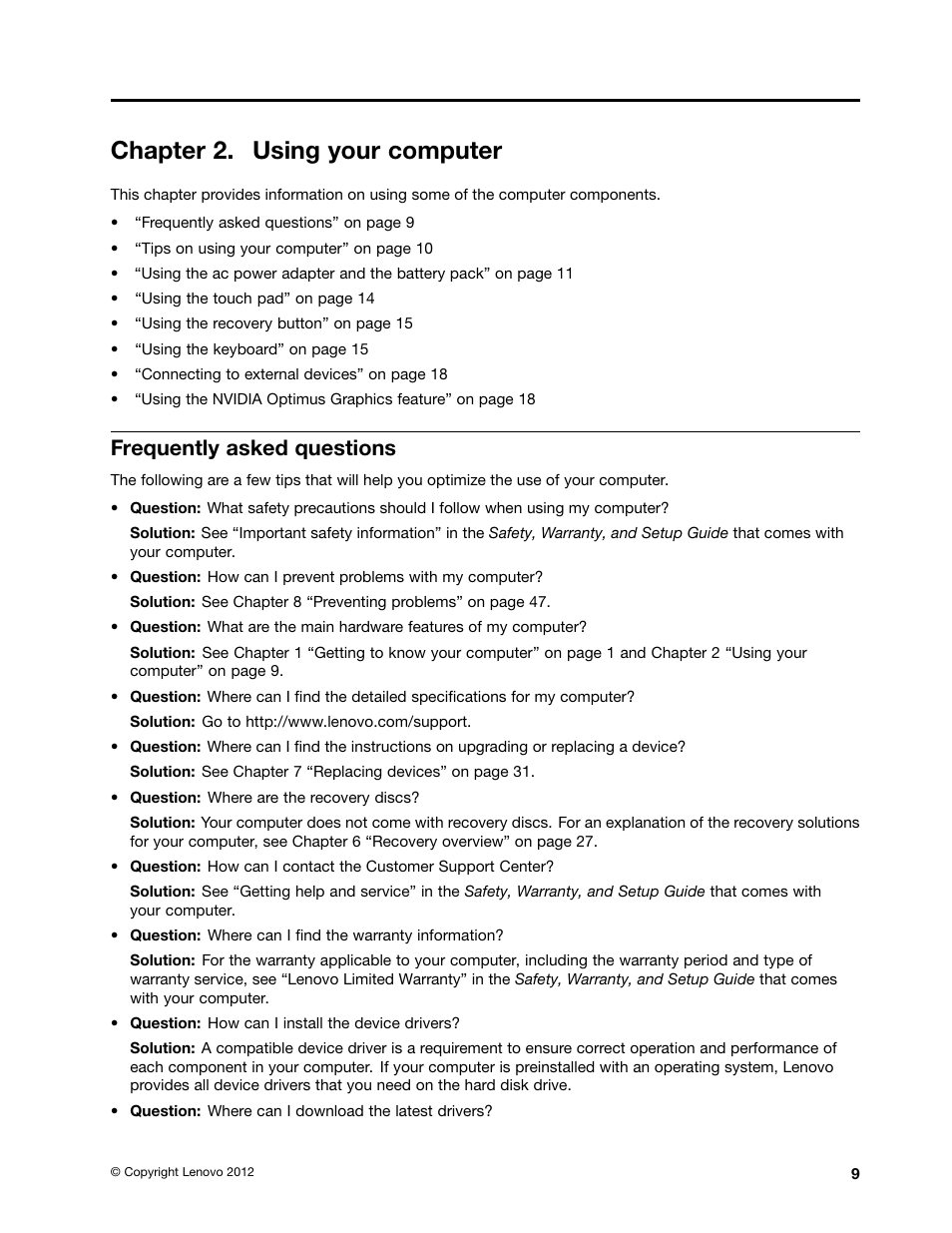 Chapter 2. using your computer, Frequently asked questions | Lenovo B480 Notebook User Manual | Page 23 / 88