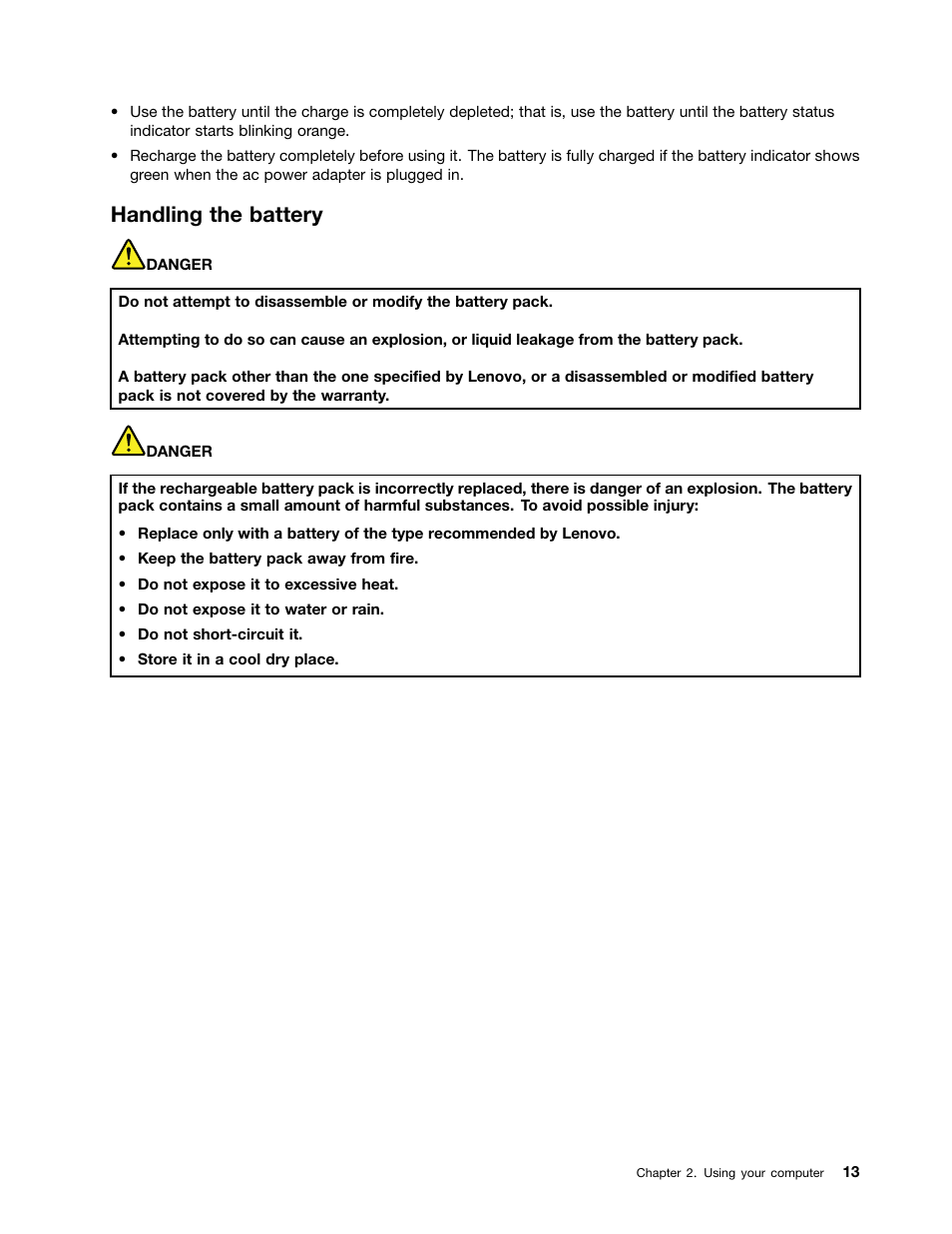 Handling the battery | Lenovo B480 Notebook User Manual | Page 27 / 88
