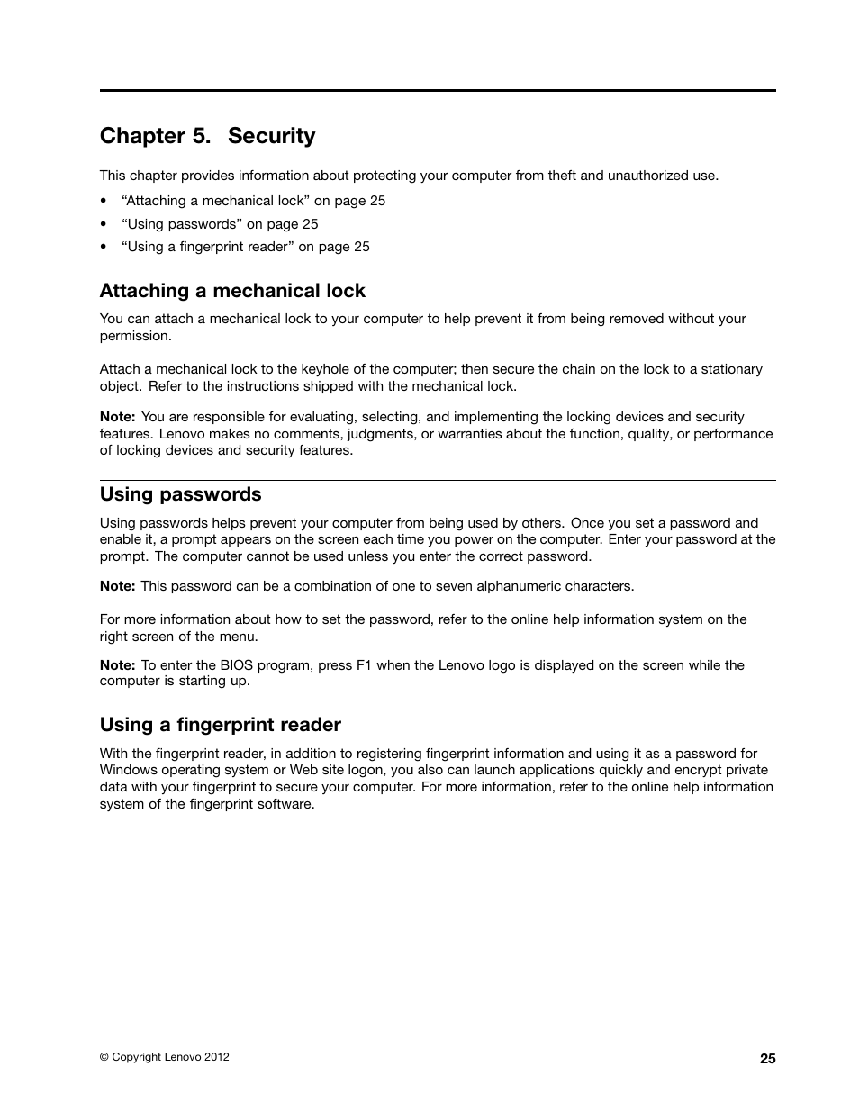Chapter 5. security, Attaching a mechanical lock, Using passwords | Using a fingerprint reader | Lenovo B480 Notebook User Manual | Page 39 / 88