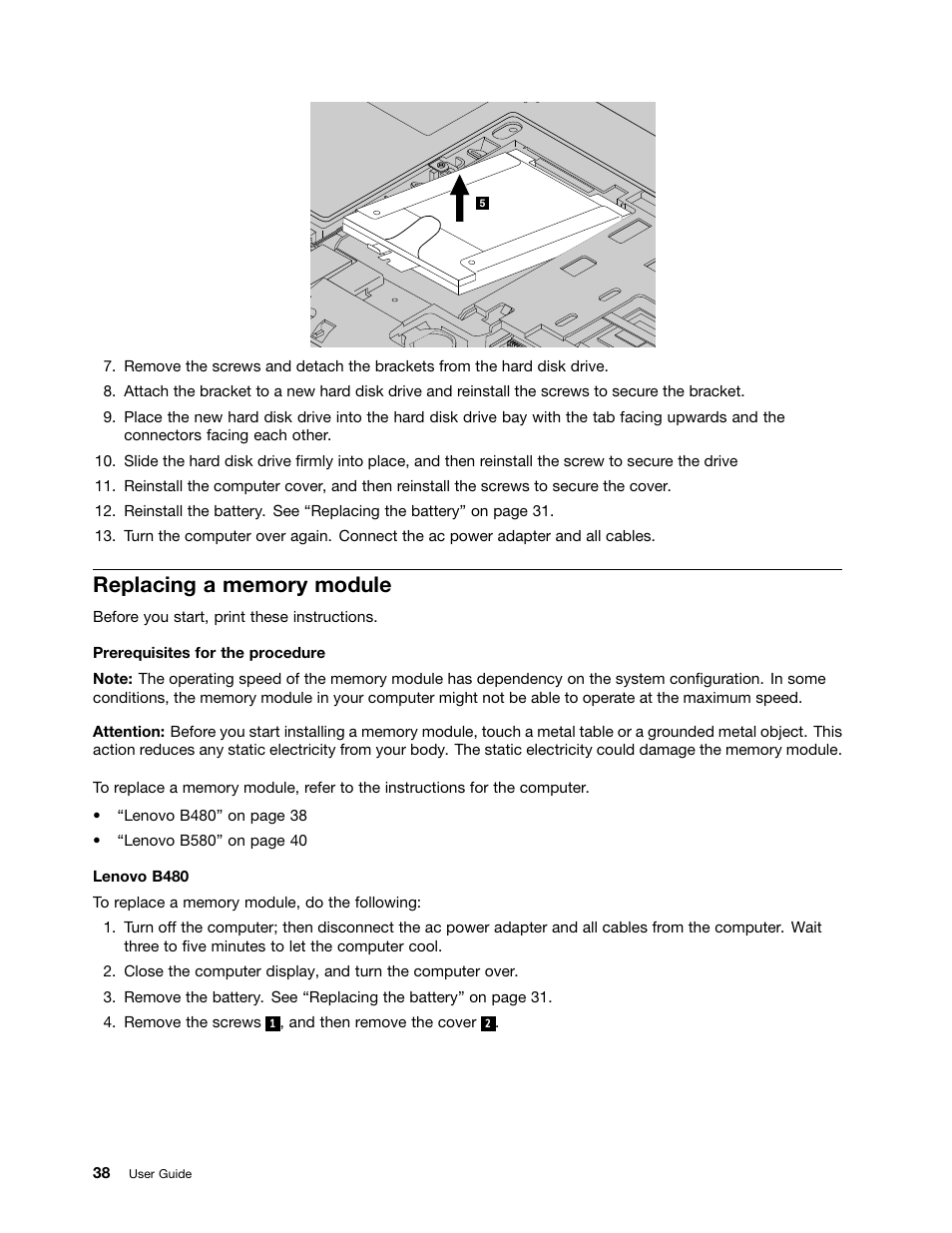 Replacing a memory module | Lenovo B480 Notebook User Manual | Page 52 / 88