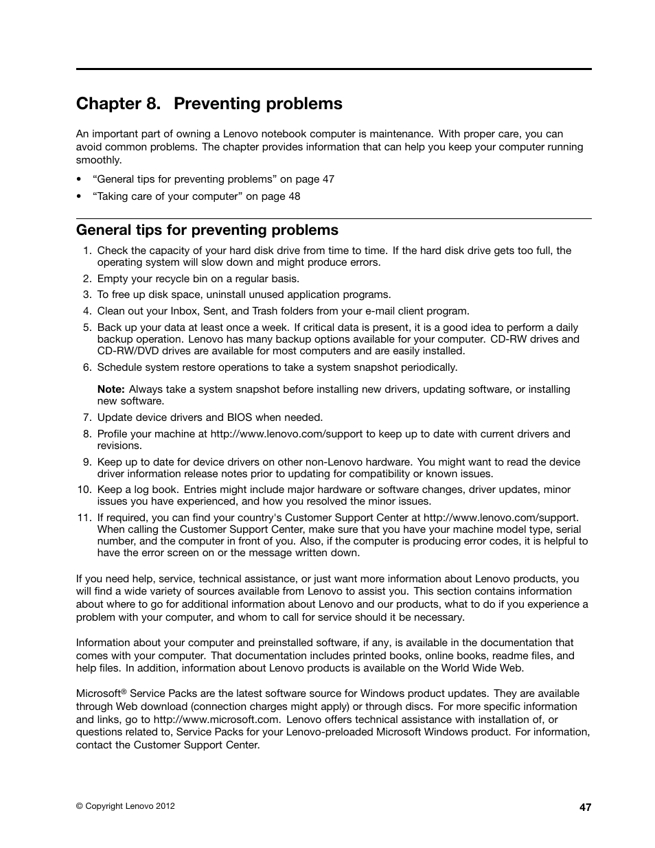 Chapter 8. preventing problems, General tips for preventing problems | Lenovo B480 Notebook User Manual | Page 61 / 88