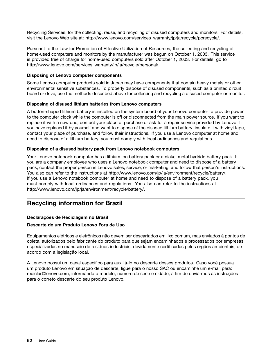 Recycling information for brazil | Lenovo B480 Notebook User Manual | Page 76 / 88