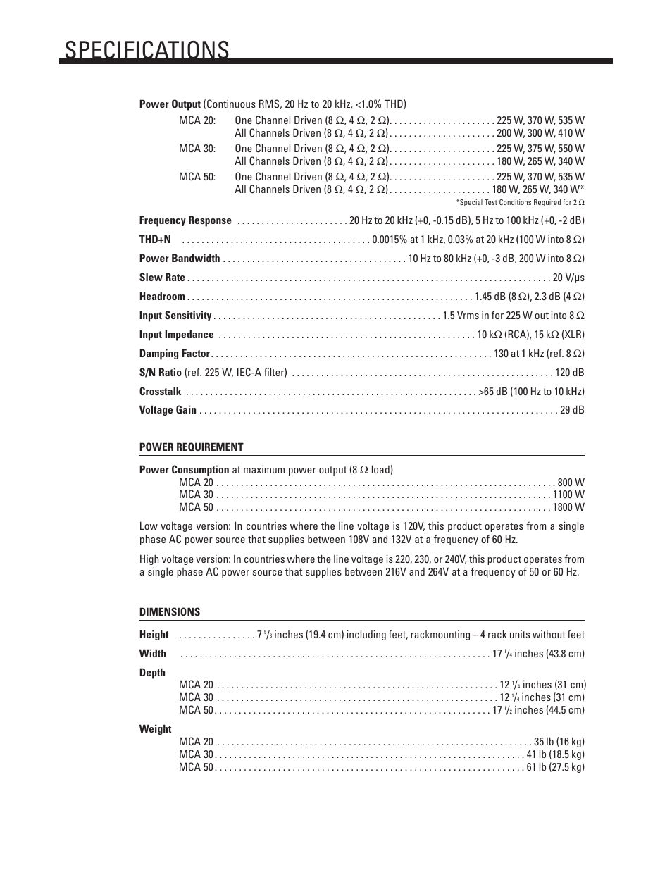 Specifications | Anthem Audio MCA 20 User Manual | Page 9 / 12