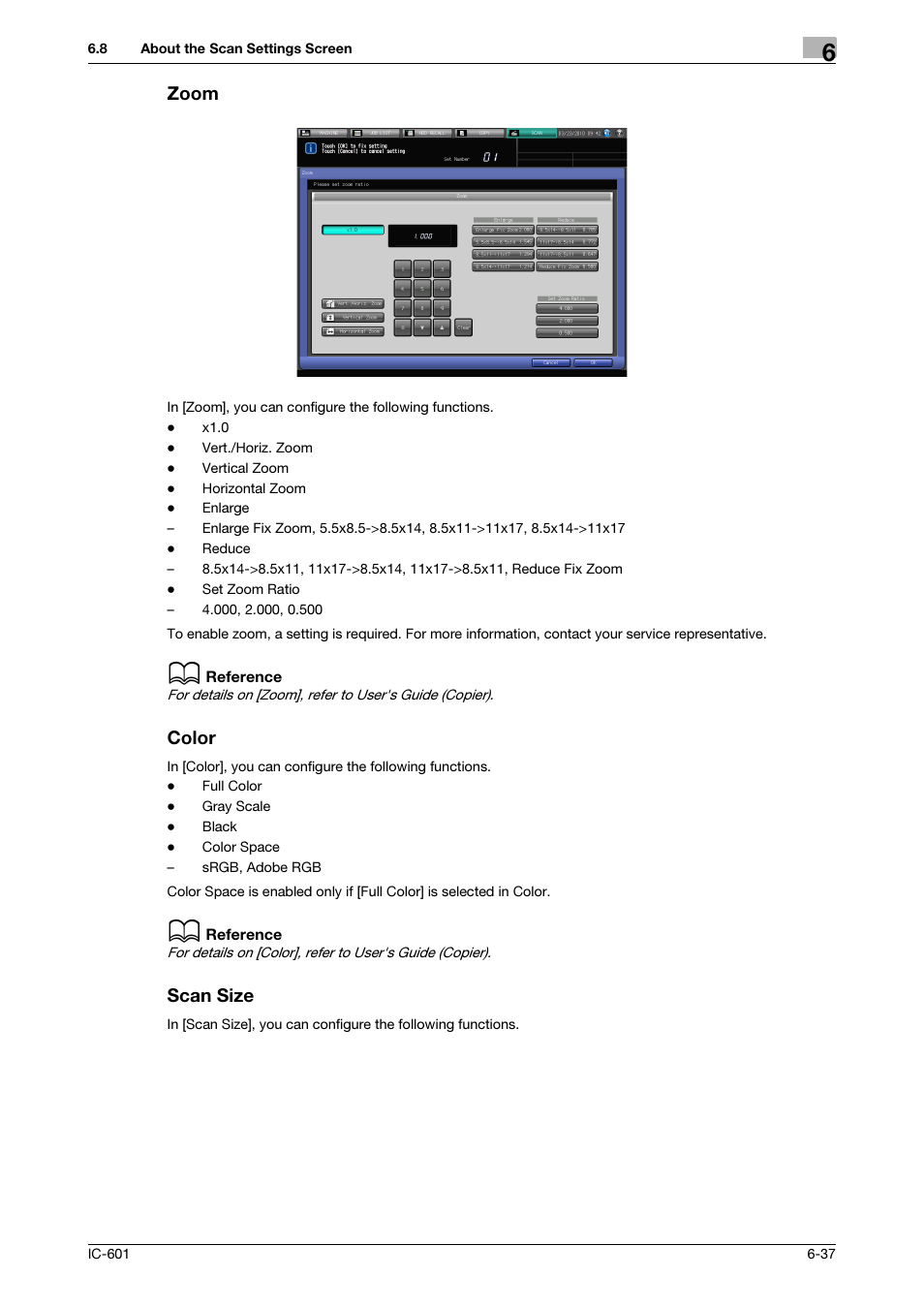 Zoom, Color, Scan size | P. 6-37 | Konica Minolta bizhub PRESS C8000e User Manual | Page 100 / 123