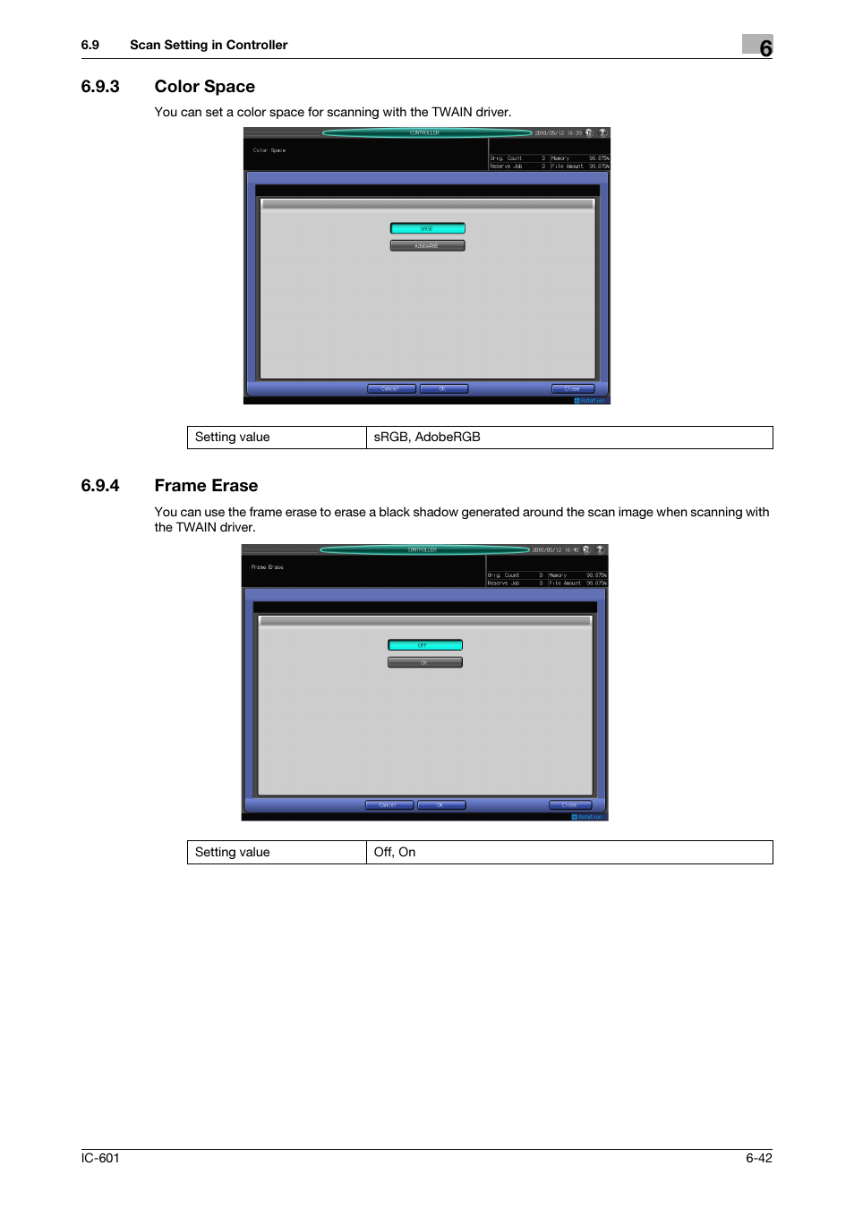 3 color space, 4 frame erase, Color space -42 | Frame erase -42, P. 6-42 | Konica Minolta bizhub PRESS C8000e User Manual | Page 105 / 123
