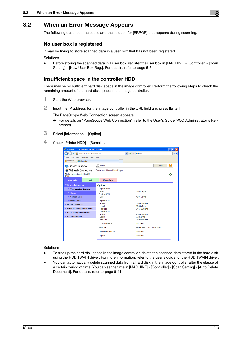 2 when an error message appears, No user box is registered, Insufficient space in the controller hdd | When an error message appears -3 | Konica Minolta bizhub PRESS C8000e User Manual | Page 118 / 123