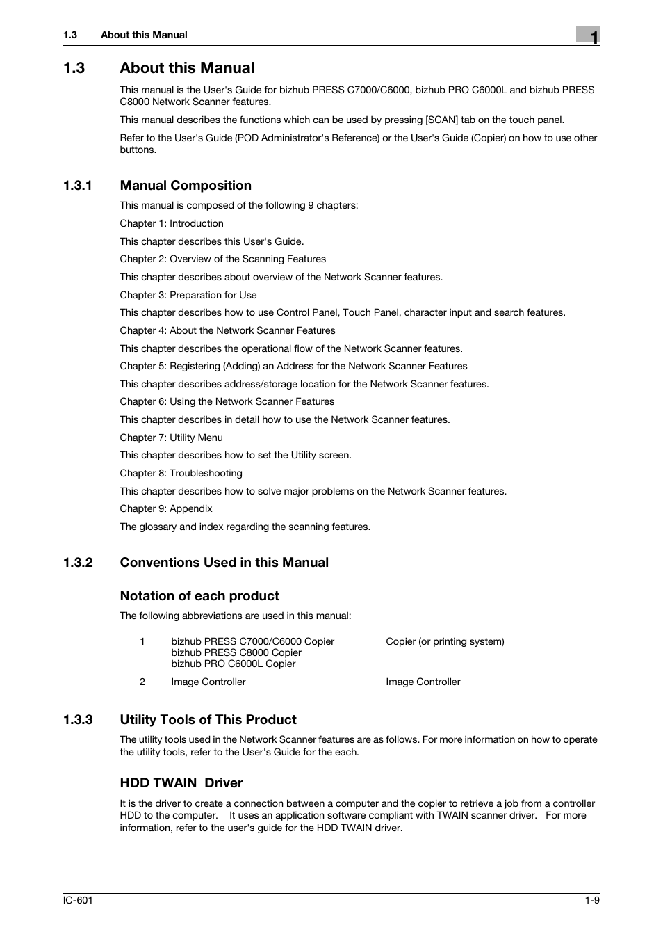 3 about this manual, 1 manual composition, 2 conventions used in this manual | Notation of each product, 3 utility tools of this product, Hdd twain driver, About this manual -9, Manual composition -9, Conventions used in this manual -9, Utility tools of this product -9 | Konica Minolta bizhub PRESS C8000e User Manual | Page 12 / 123