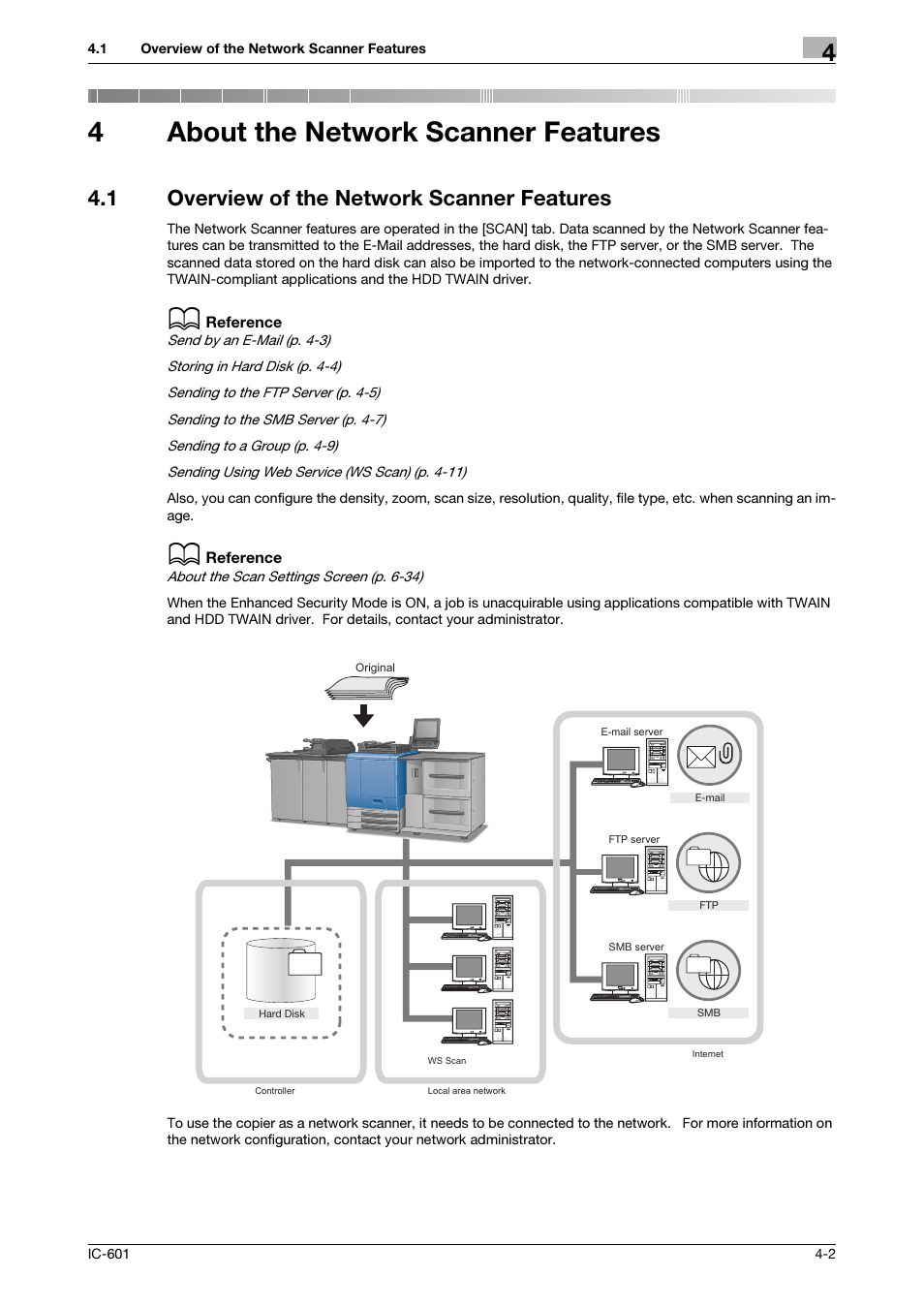 4 about the network scanner features, 1 overview of the network scanner features, About the network scanner features | Overview of the network scanner features -2, 4about the network scanner features | Konica Minolta bizhub PRESS C8000e User Manual | Page 30 / 123