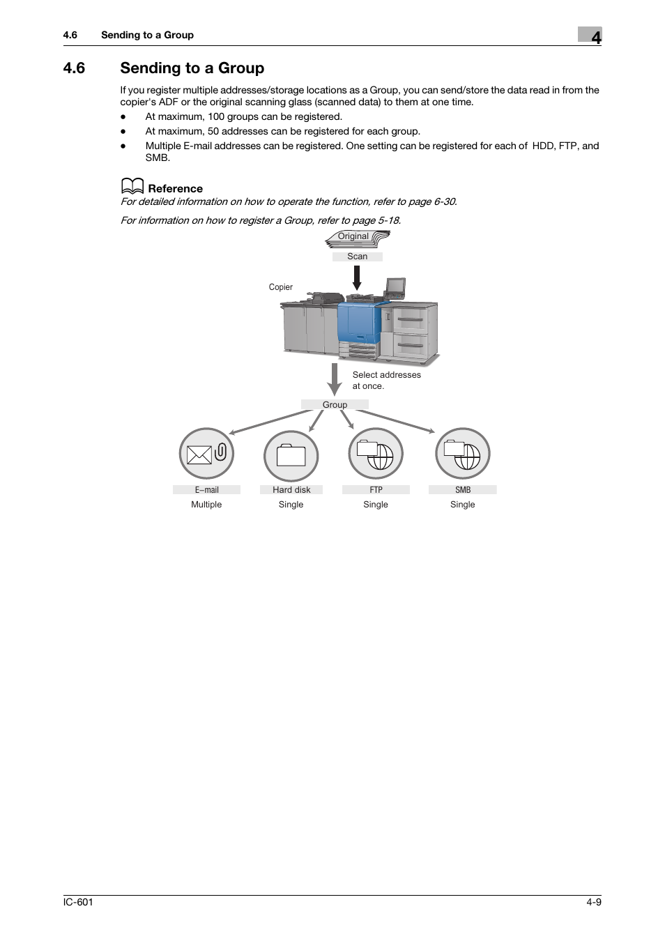 6 sending to a group, Sending to a group -9, Sending to a group (p. 4-9) | Konica Minolta bizhub PRESS C8000e User Manual | Page 37 / 123