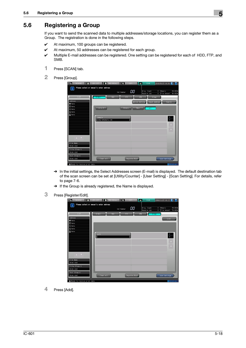 6 registering a group, Registering a group -18, Registering a group (p. 5-18) | Konica Minolta bizhub PRESS C8000e User Manual | Page 58 / 123