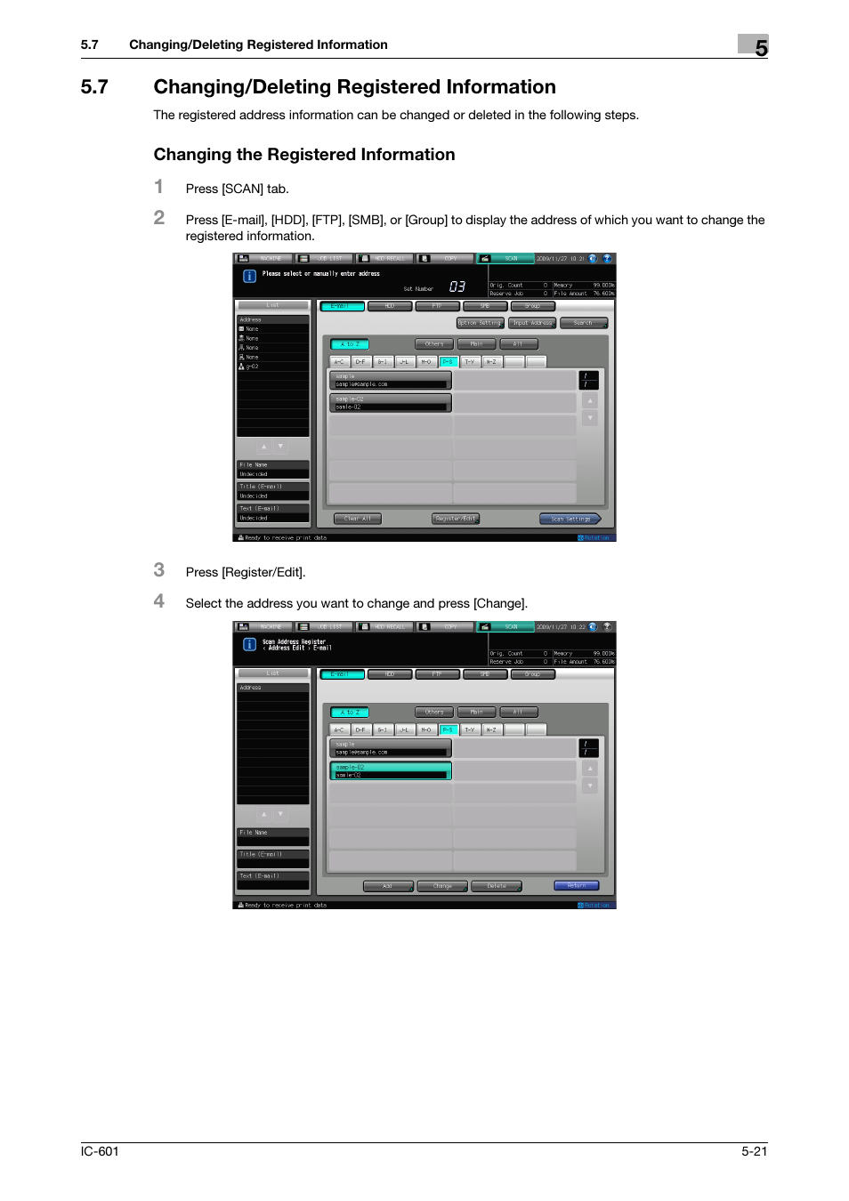 7 changing/deleting registered information, Changing the registered information, Changing/deleting registered information -21 | Konica Minolta bizhub PRESS C8000e User Manual | Page 61 / 123