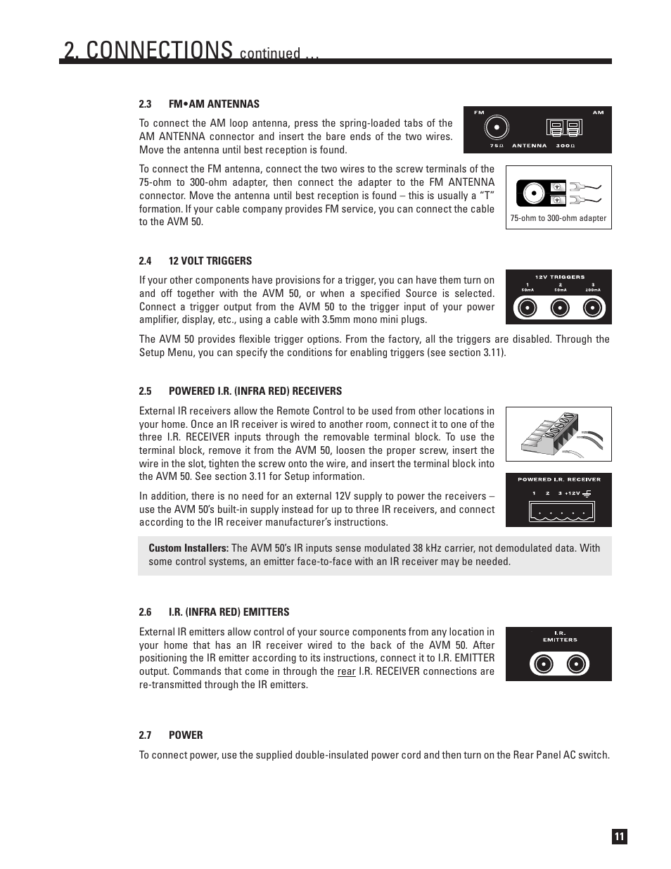 Fm•am antennas, 12 volt triggers, Powered i.r. (infra red) receivers | I.r. (infra red) emitters, Power, Connections, Continued | Anthem Audio AVM 50 User Manual | Page 19 / 96