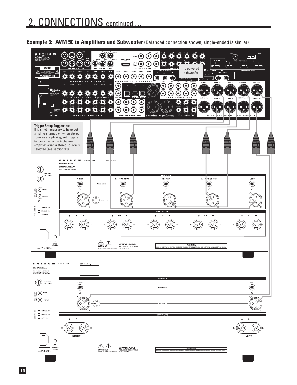 Connections, Continued, Example 3: avm 50 to amplifiers and subwoofer | Anthem Audio AVM 50 User Manual | Page 22 / 96