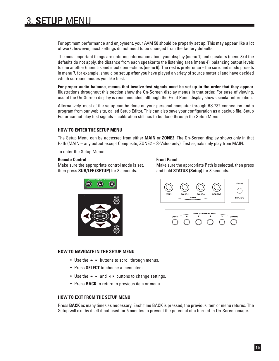 Entering / navigating / exiting, Setup menu | Anthem Audio AVM 50 User Manual | Page 23 / 96