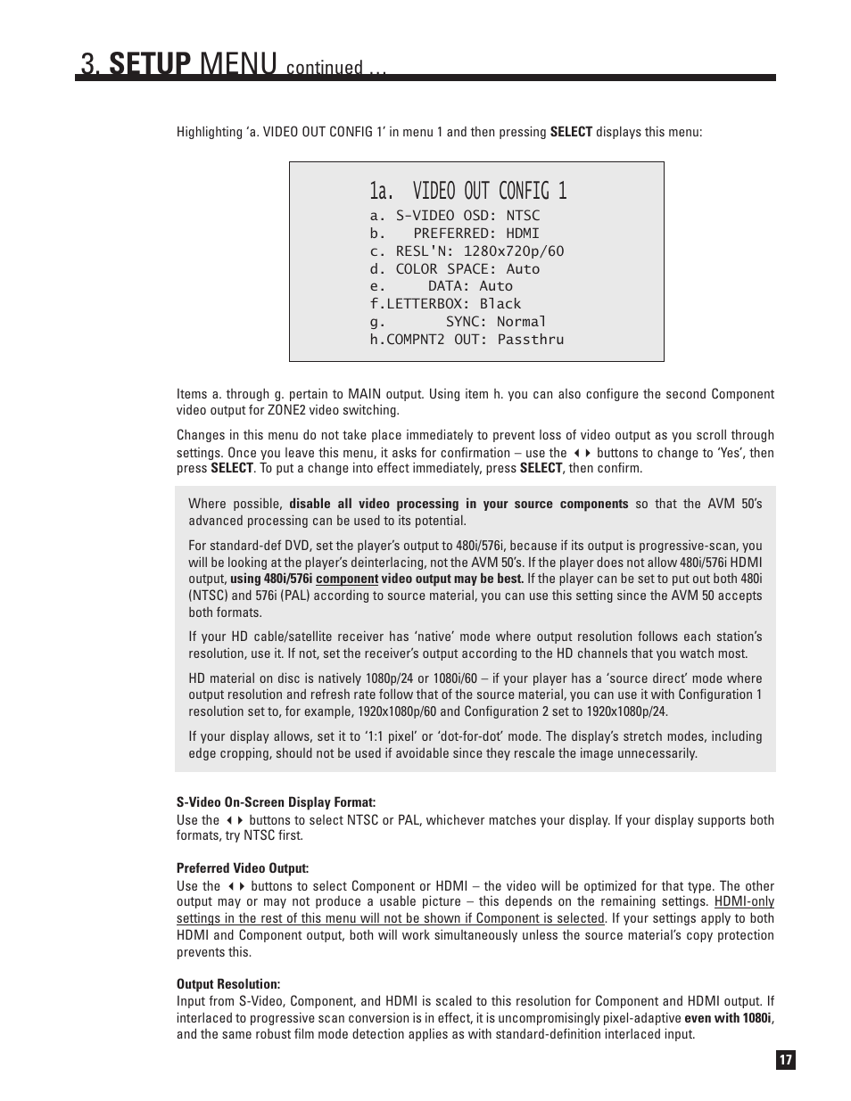Setup menu, 1a. video out config 1, Continued | Anthem Audio AVM 50 User Manual | Page 25 / 96