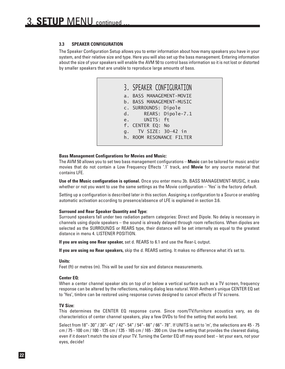 Speaker configuration, Setup menu, Continued | Anthem Audio AVM 50 User Manual | Page 30 / 96
