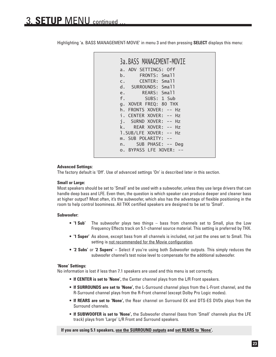 Setup menu, 3a.bass management-movie, Continued | Anthem Audio AVM 50 User Manual | Page 31 / 96