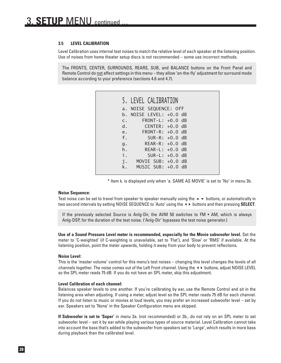 Level calibration, Setup menu, Continued | Anthem Audio AVM 50 User Manual | Page 36 / 96