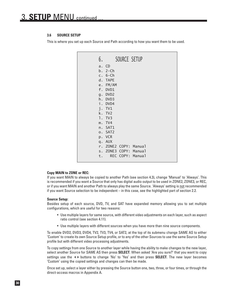 Source setup, Setup menu, Continued | Anthem Audio AVM 50 User Manual | Page 38 / 96