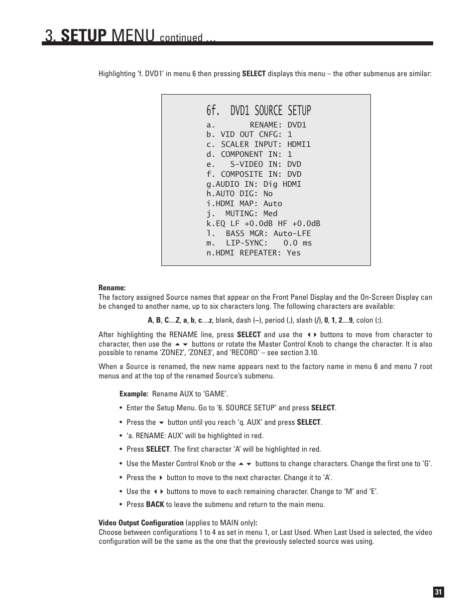Setup menu, 6f. dvd1 source setup, Continued | Anthem Audio AVM 50 User Manual | Page 39 / 96
