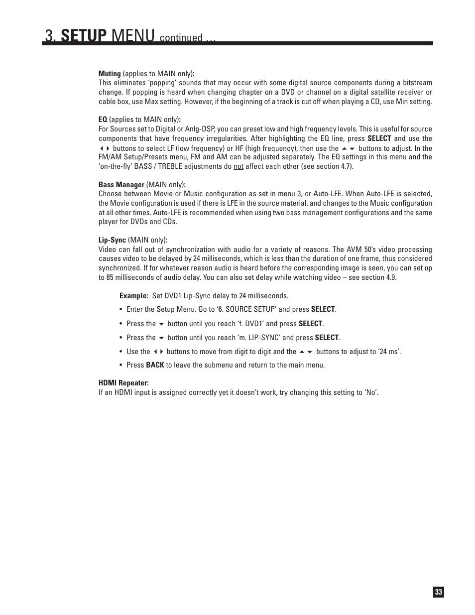Setup menu, Continued | Anthem Audio AVM 50 User Manual | Page 41 / 96