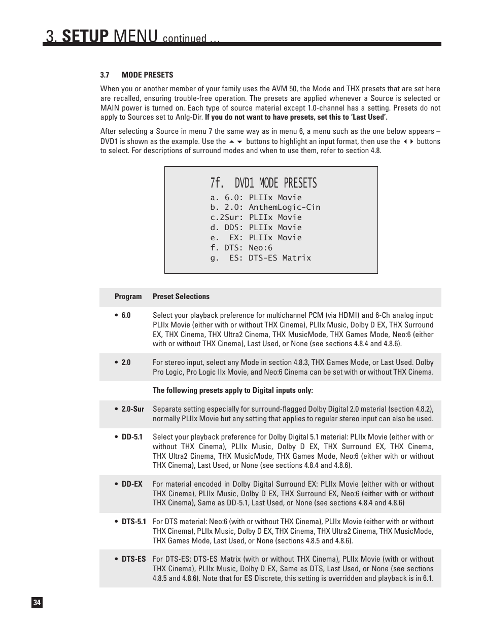 Mode presets, Setup menu, 7f. dvd1 mode presets | Continued | Anthem Audio AVM 50 User Manual | Page 42 / 96