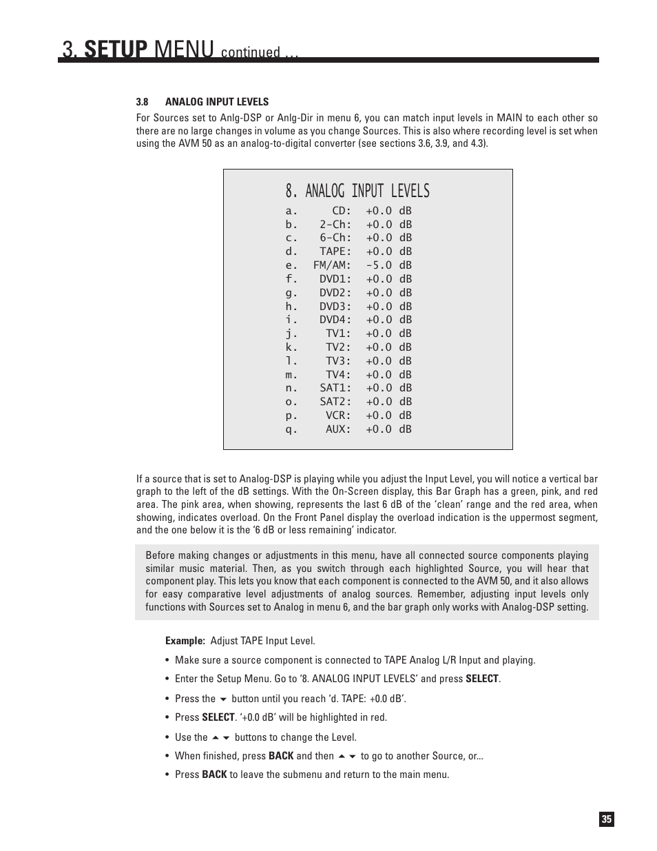 Analog input levels, Setup menu, Continued | Anthem Audio AVM 50 User Manual | Page 43 / 96