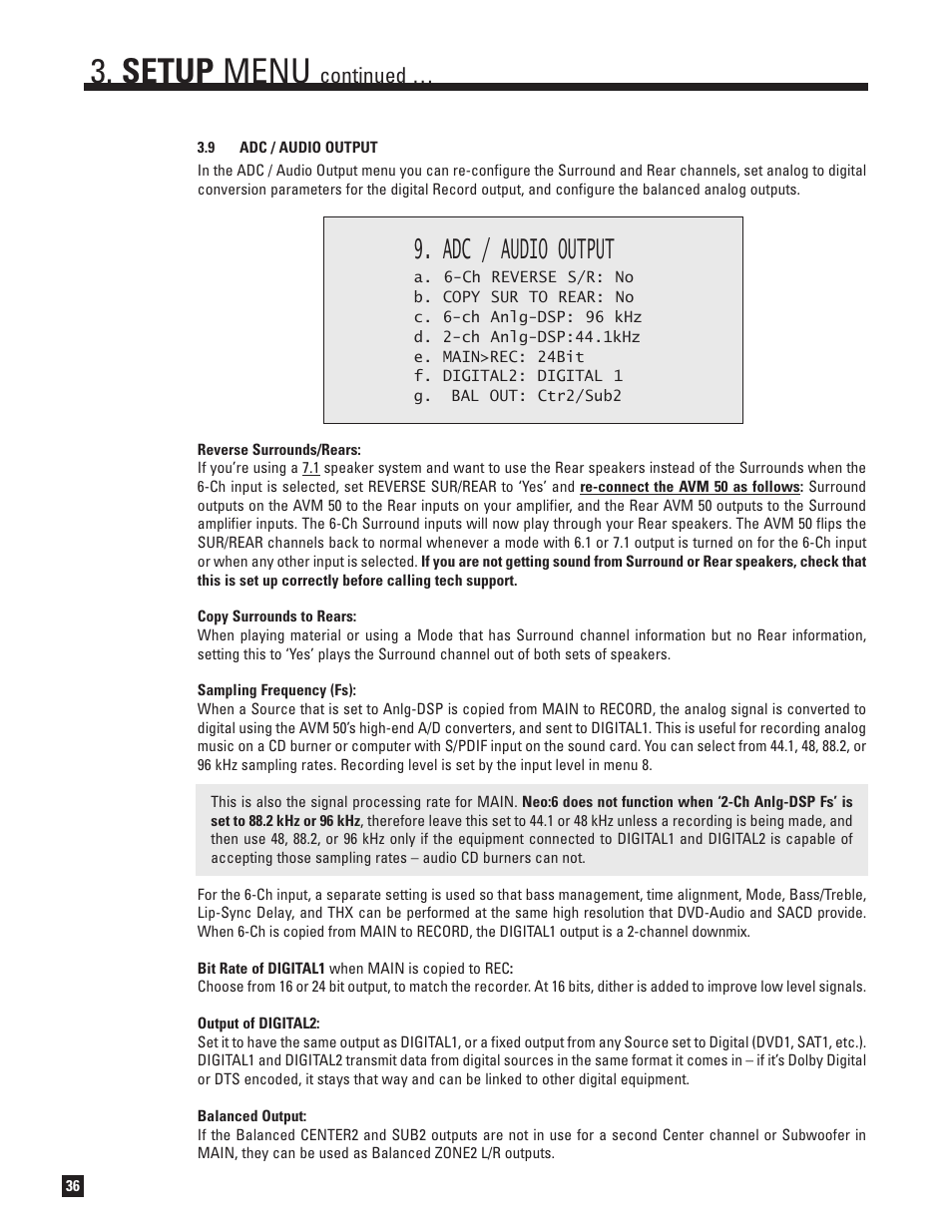 Adc and audio output, Setup menu, Adc / audio output | Continued | Anthem Audio AVM 50 User Manual | Page 44 / 96
