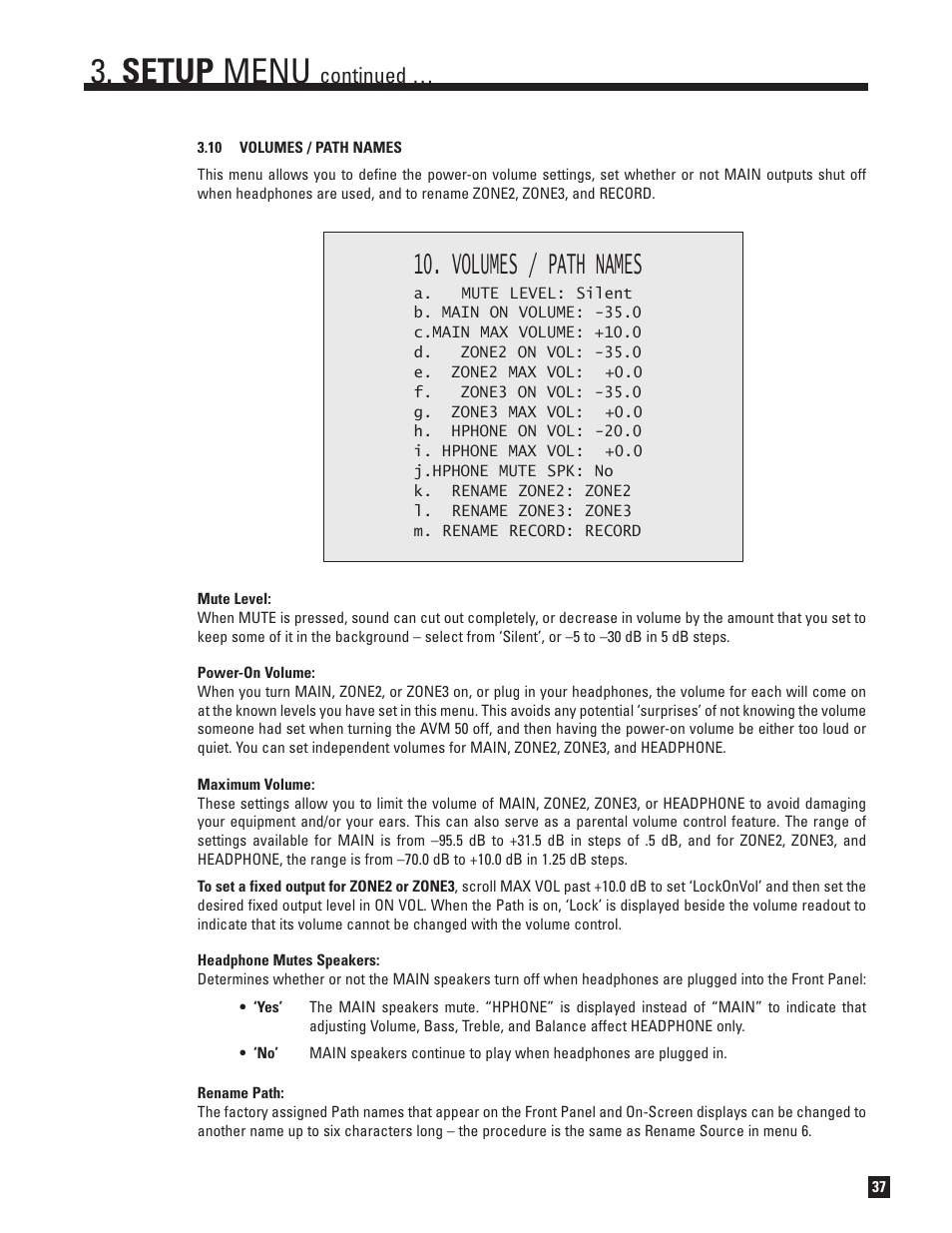 10 volumes and path names, Setup menu, Volumes / path names | Continued | Anthem Audio AVM 50 User Manual | Page 45 / 96