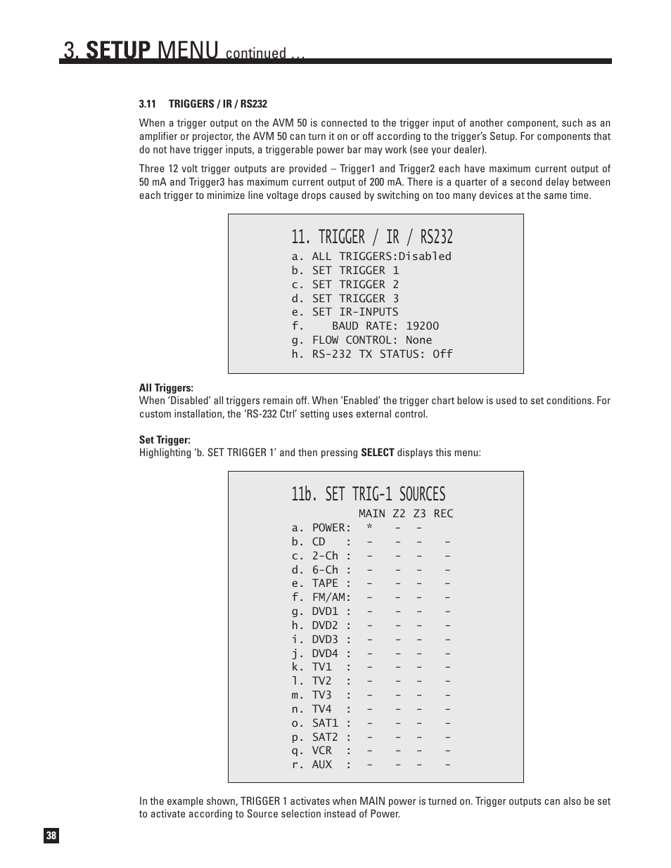 11 triggers, ir, and rs-232, Setup menu, Trigger / ir / rs232 | 11b. set trig-1 sources, Continued | Anthem Audio AVM 50 User Manual | Page 46 / 96